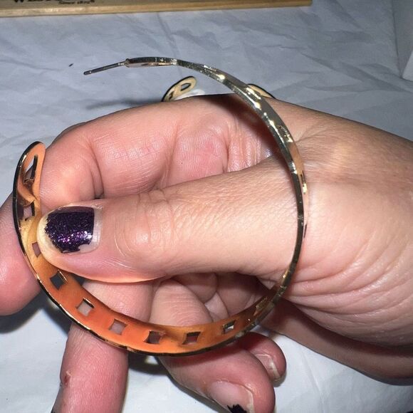 Gold Tone Large “Filmstrip” Cut Hoop Earrings - Picture 7 of 7